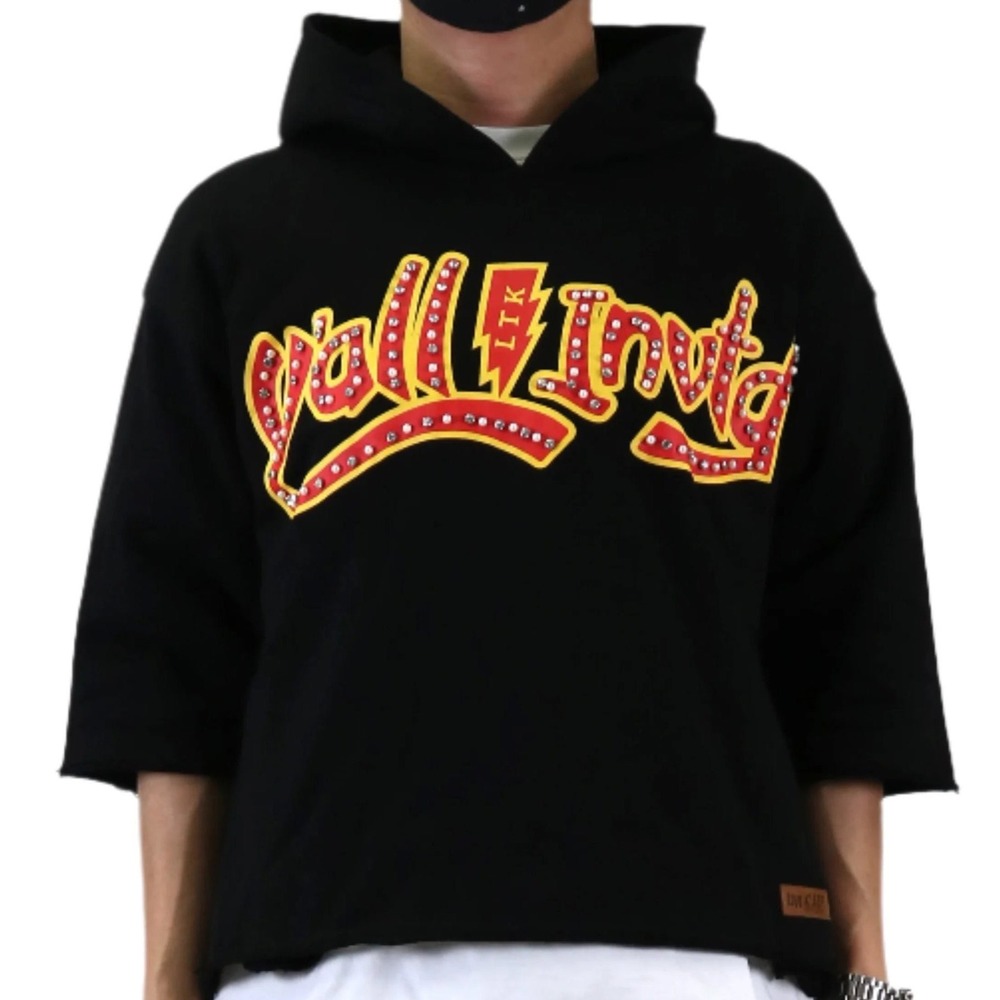 KLEEP Y'all Invtd Rhinestone Graphic Hoodie Black Raw Hem Mens Large